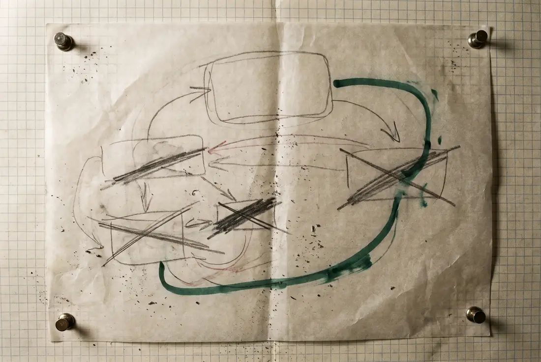 A hand drawn programme logic diagram on tracing paper, annotated and revised in pencil and green marker.